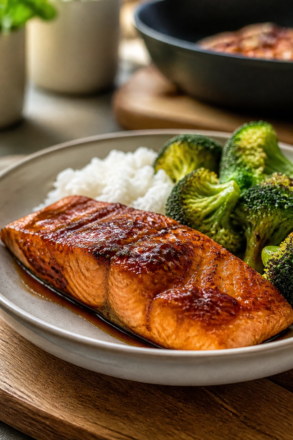 Perfectly glazed salmon with rice and broccoli on a plate