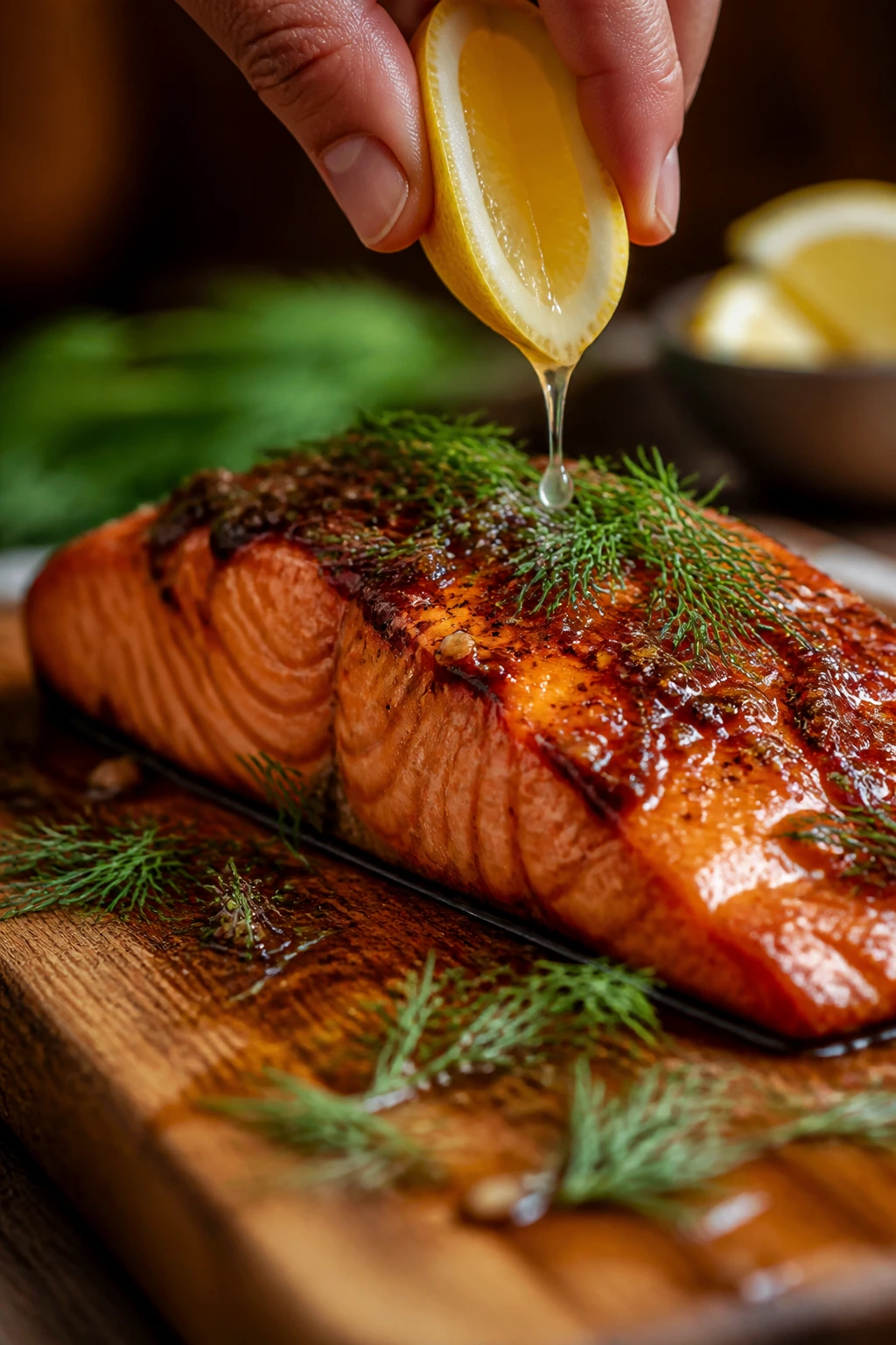 Salmon fillet with glaze and dill on a wooden board