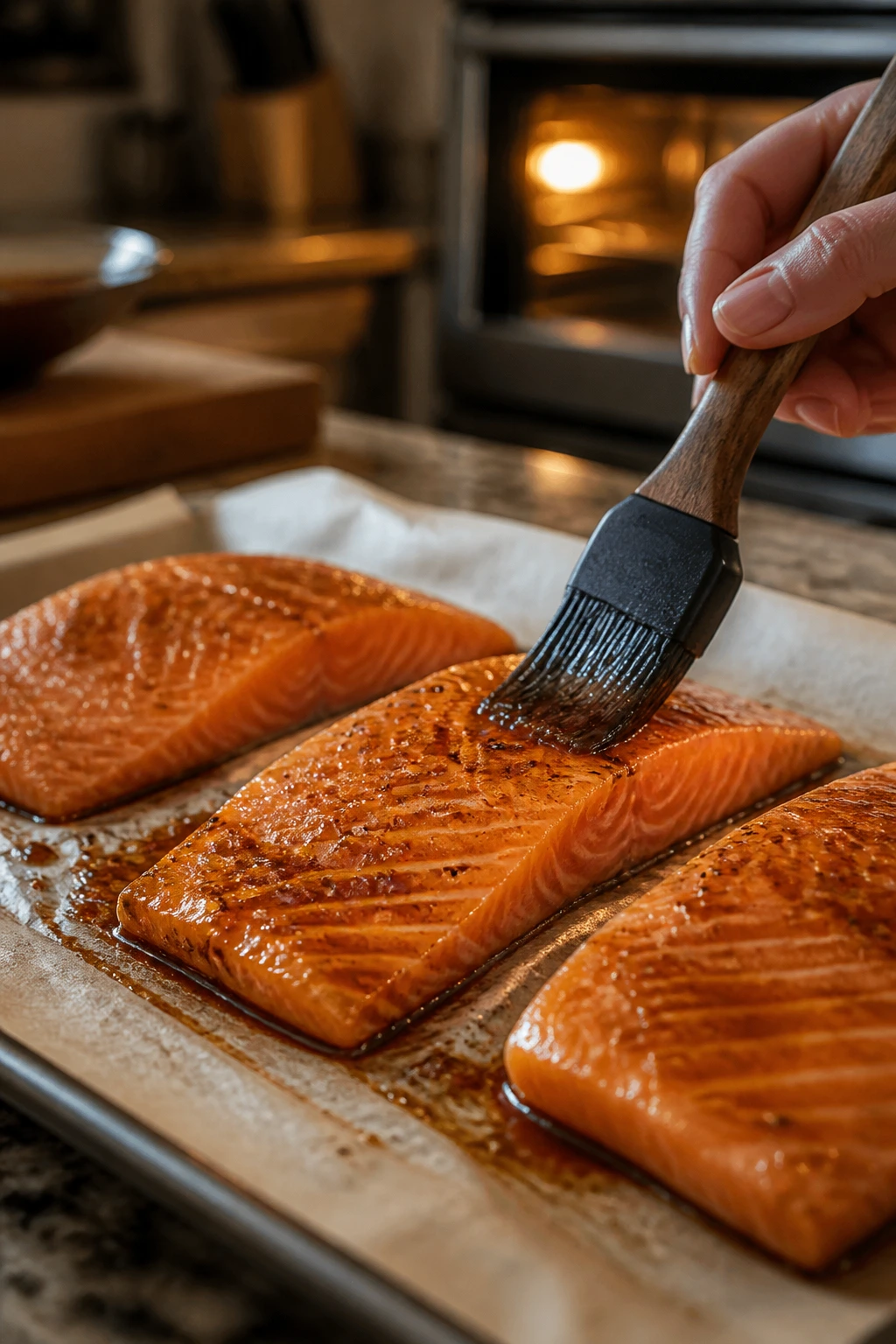 Hand brushing salmon glaze on lined baking sheet in warm kitchen