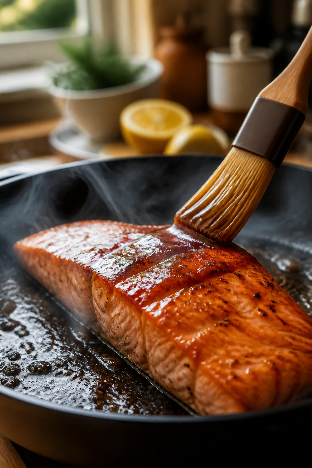 Glossy glazed salmon being brushed with glaze in skillet