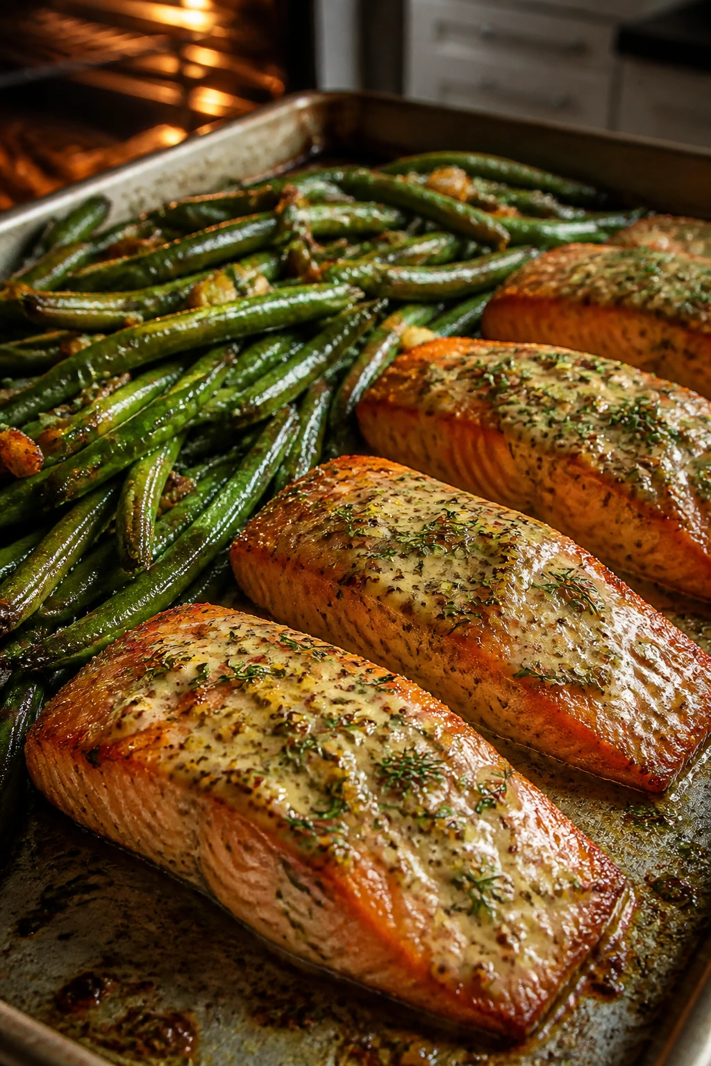 Roasted salmon with green beans and dijon dill glaze.