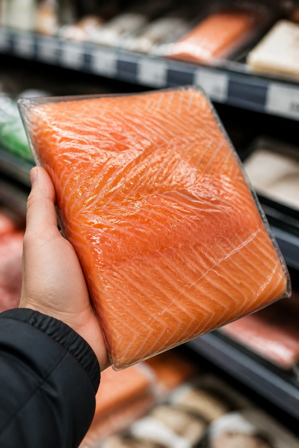 Hand selecting thick salmon fillet at grocery store, foreground fish