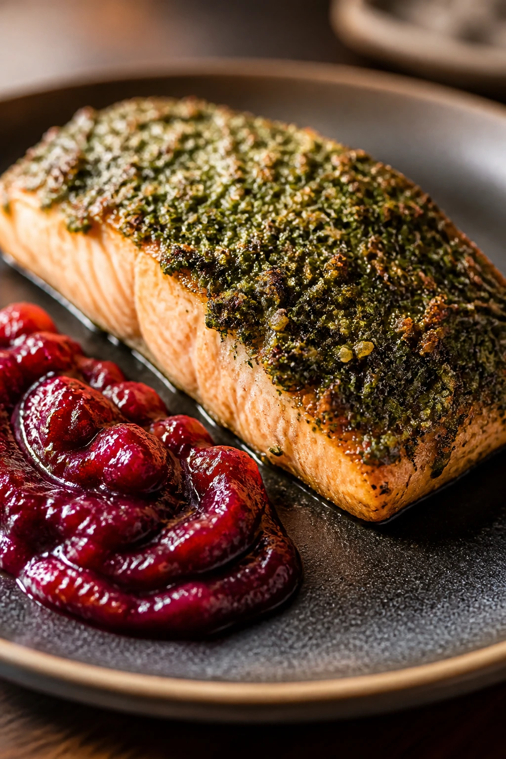 Salmon fillet with herb crust and cranberry relish on plate