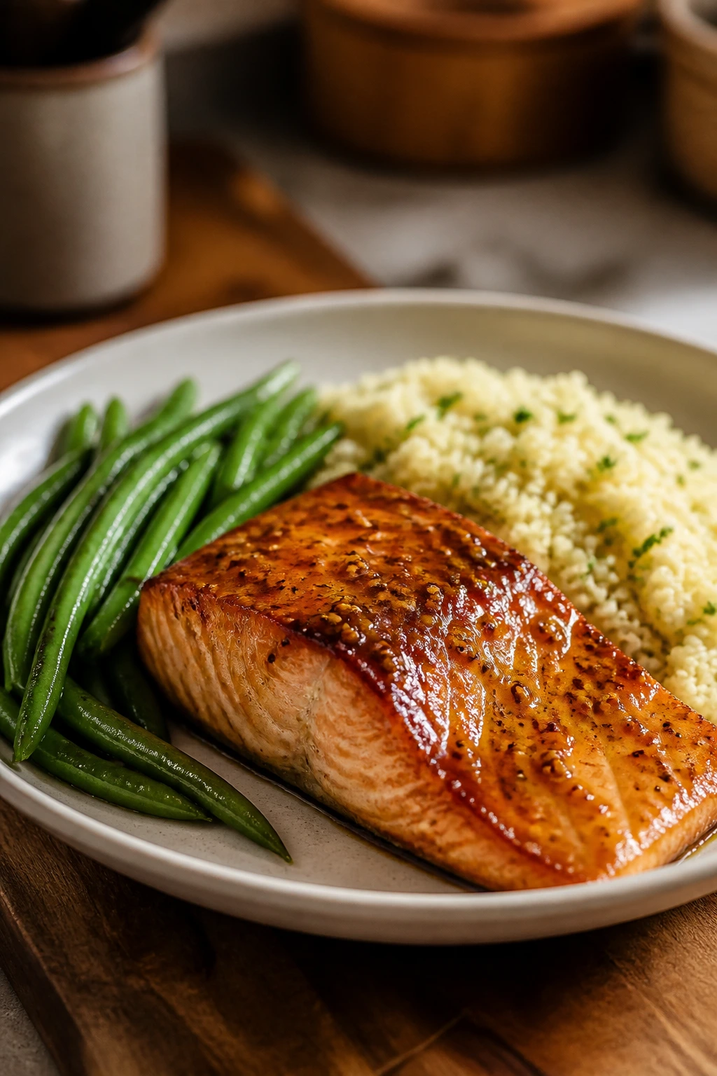 Maple mustard glazed salmon with green beans and couscous