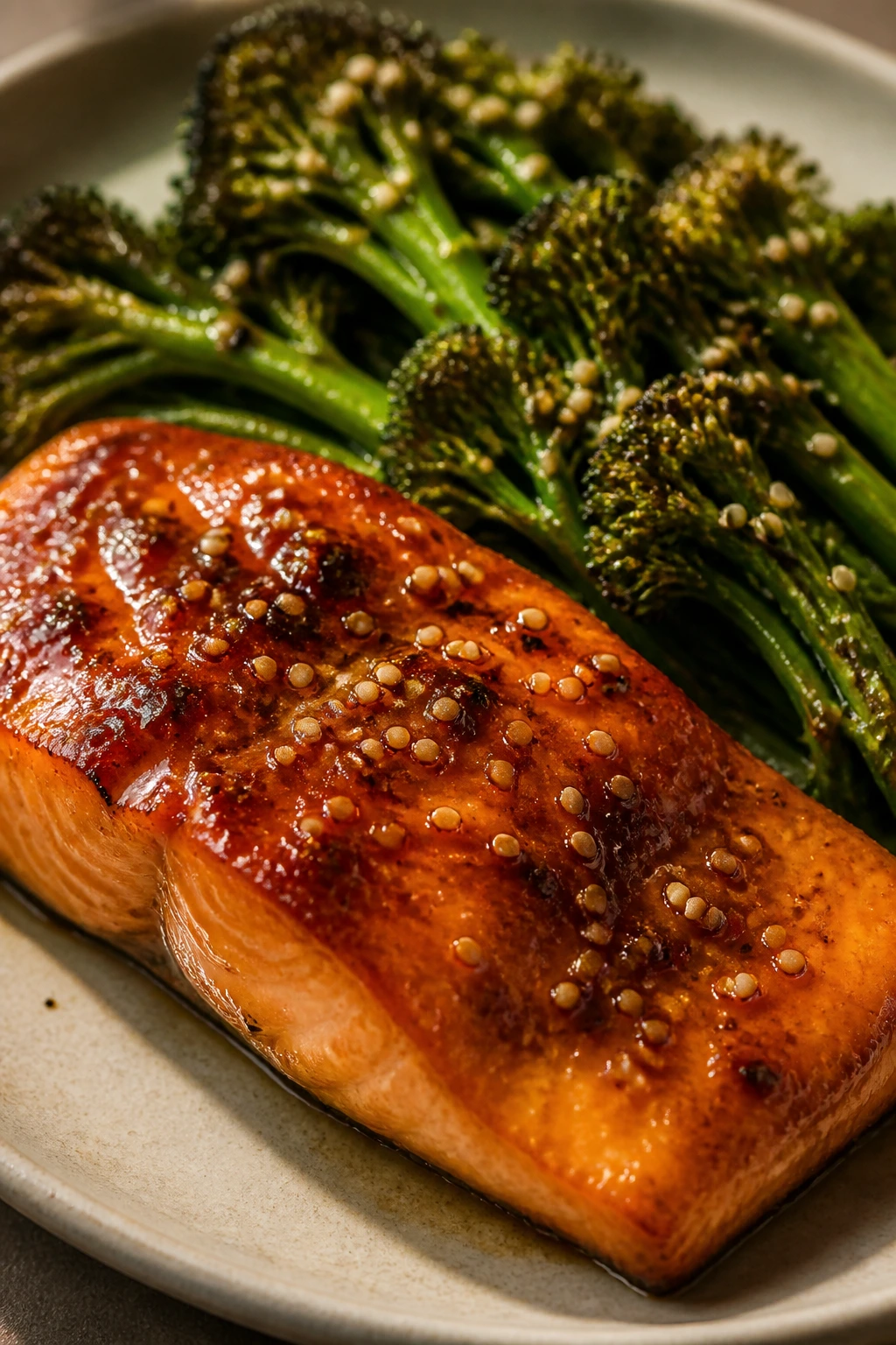 Miso-glazed salmon with sesame broccolini on a plate