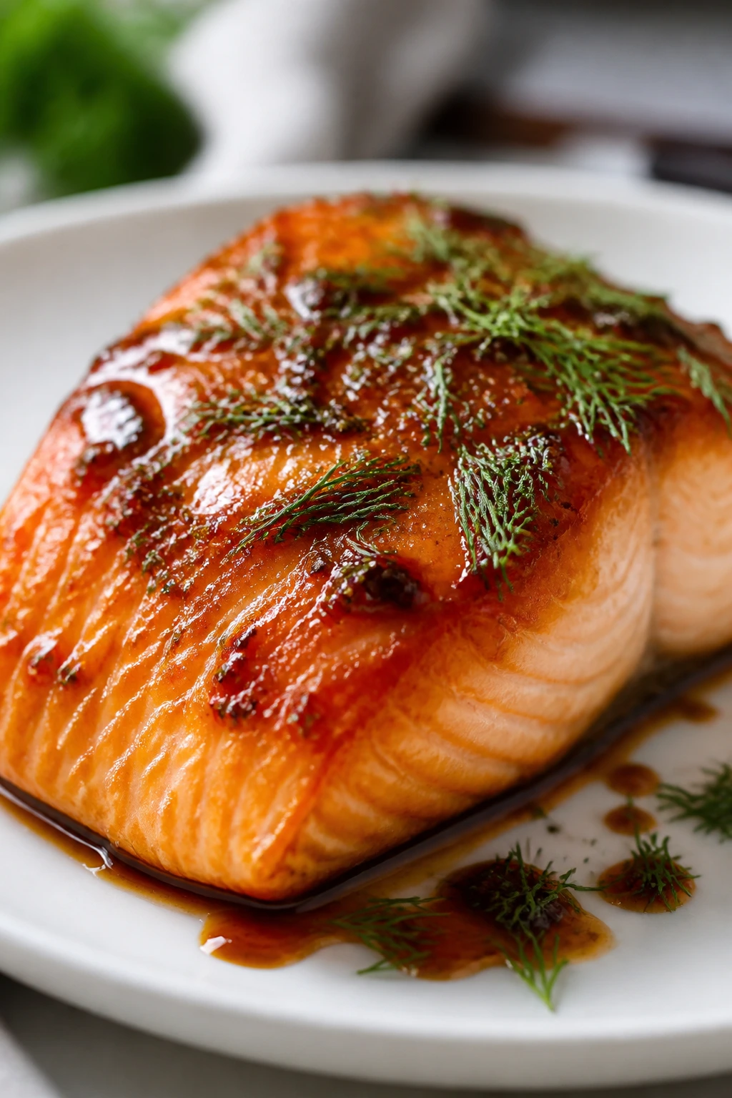 Salmon with miso glaze and dill garnish on plate