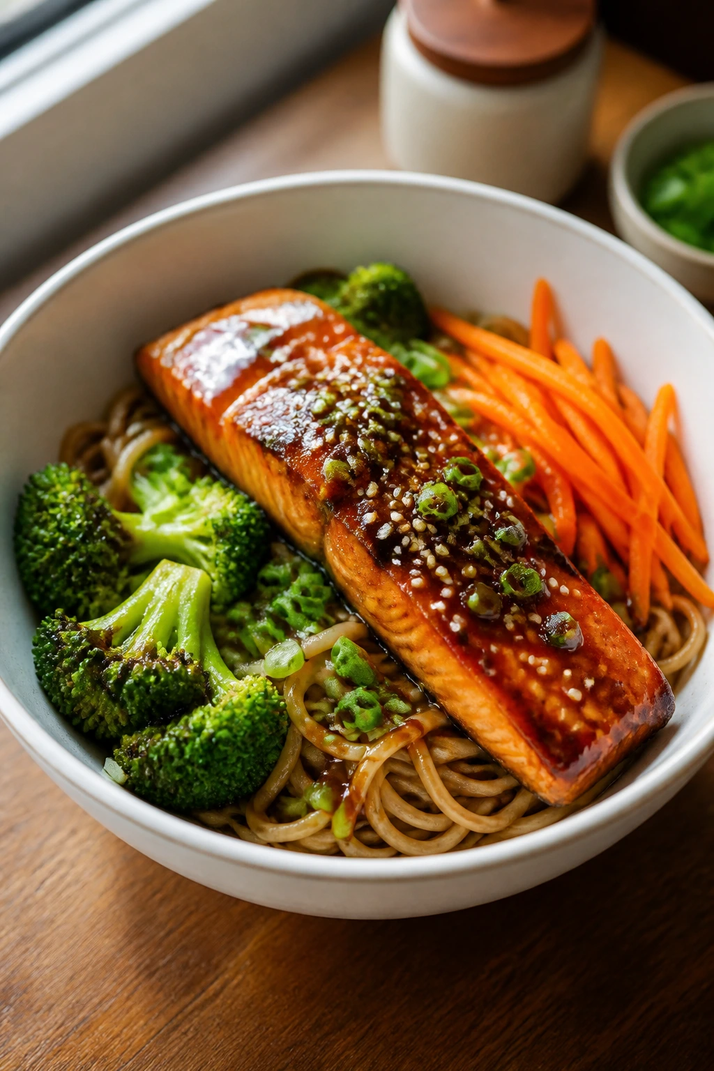 Close-up of teriyaki salmon with noodles and broccoli in a bowl