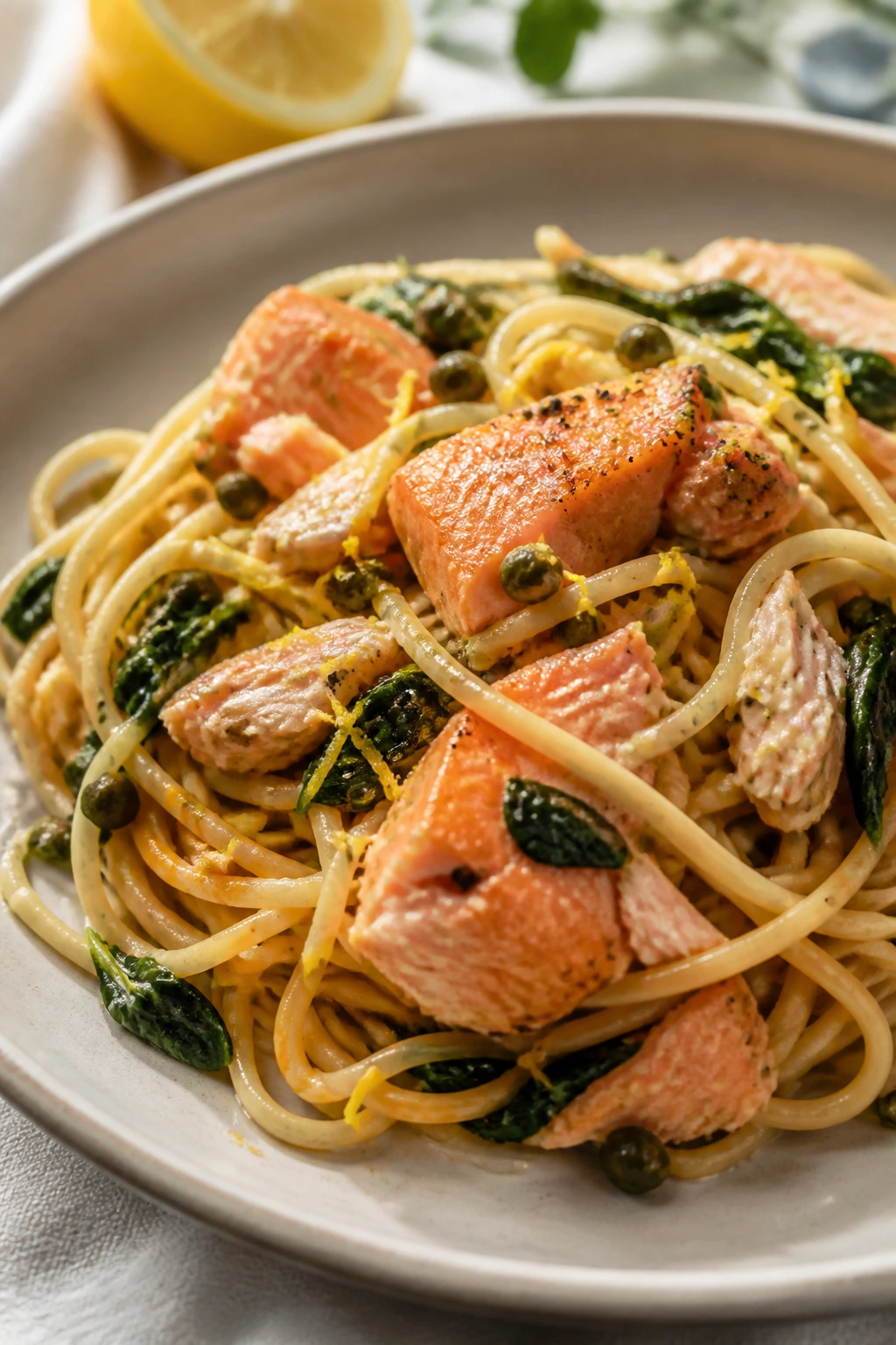 Salmon pasta with lemon, capers and spinach