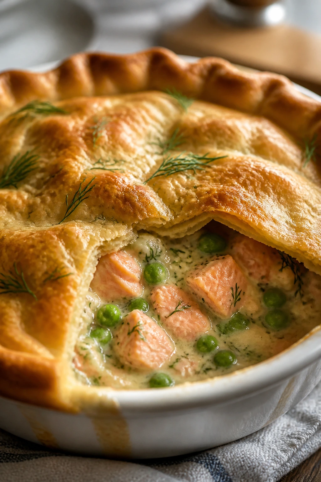 Close-up of salmon, pea, and dill pot pie with golden crust.