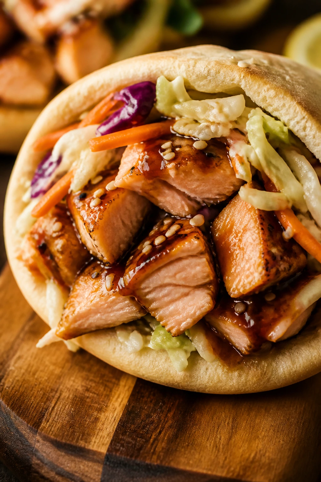 Pita stuffed with teriyaki salmon and slaw