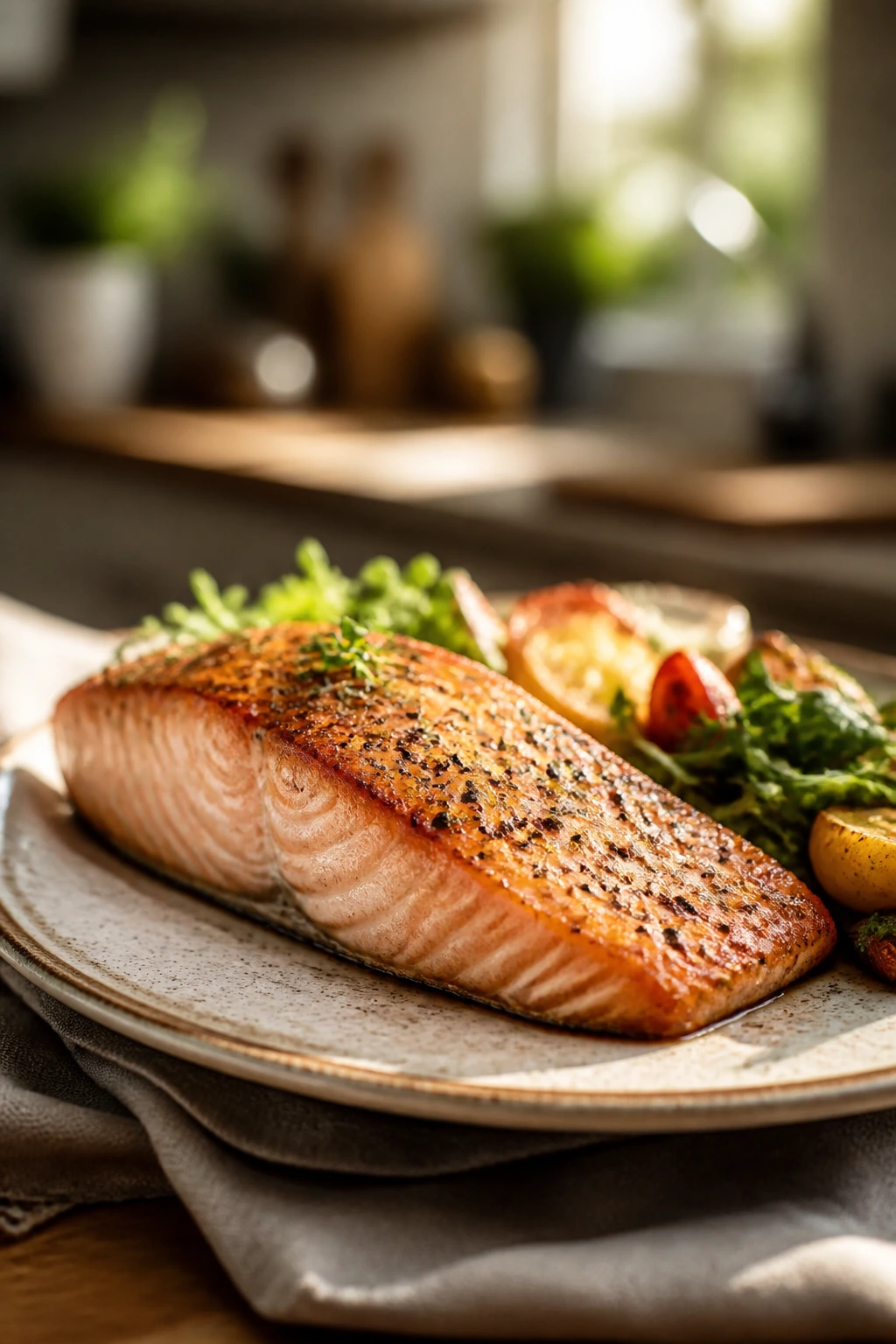 Cooked salmon fillet on a plate in a kitchen