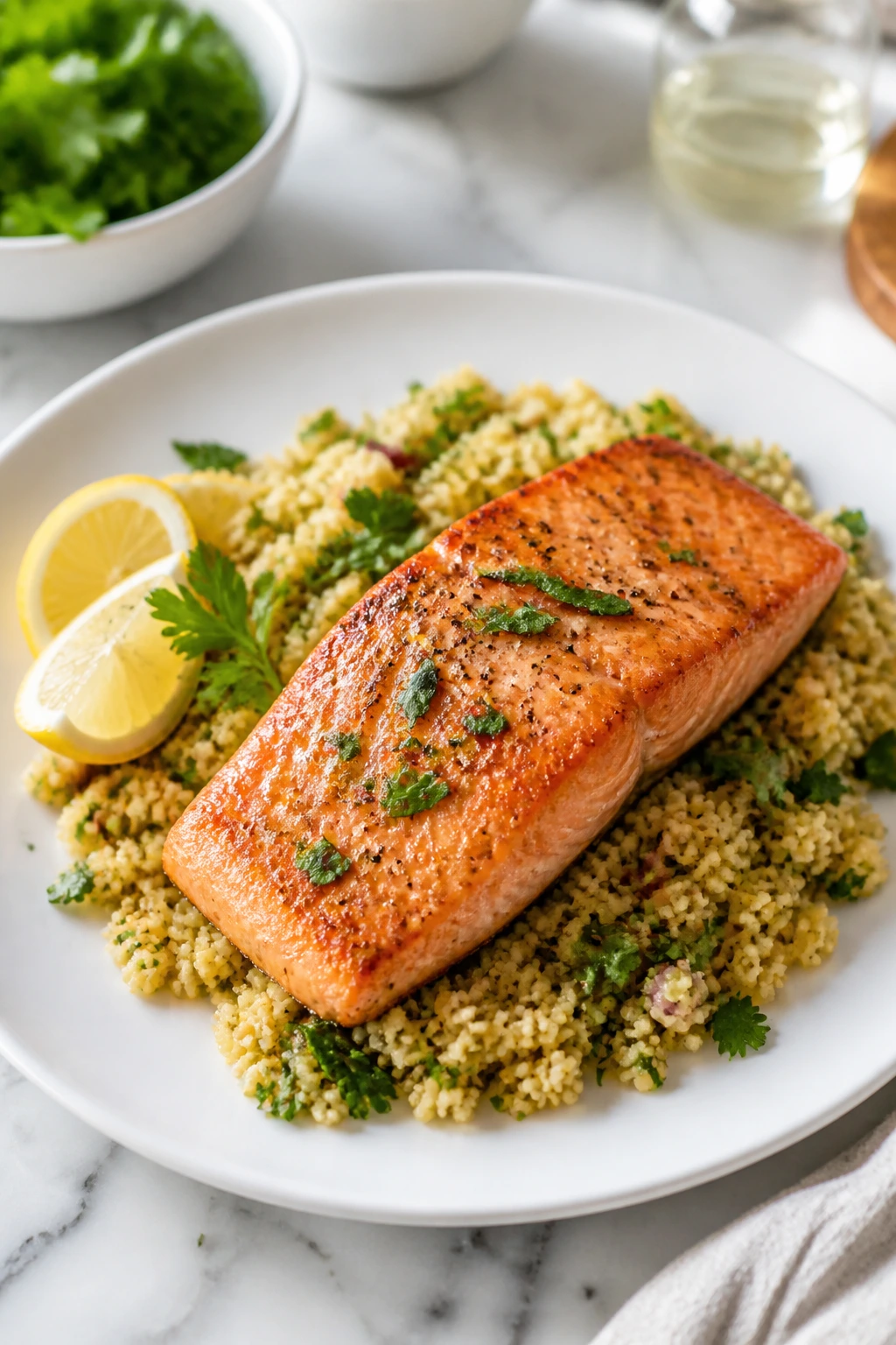 Plate of salmon fillet with couscous and herbs ready to serve