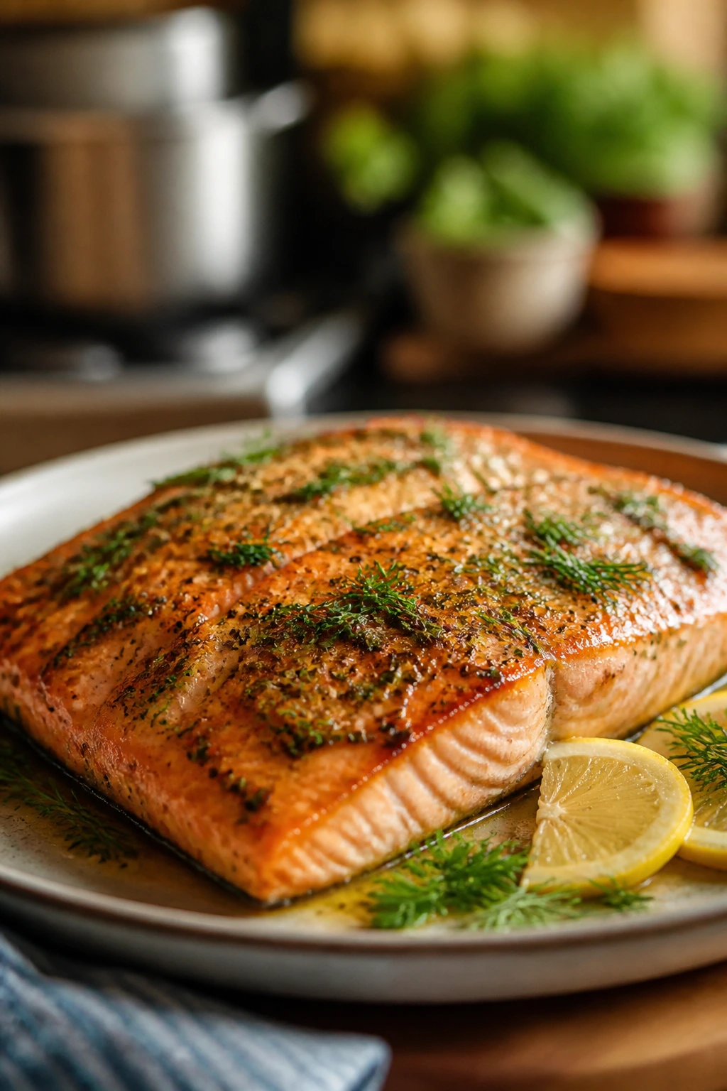 Salmon fillet plated with herbs, representing dish variations.