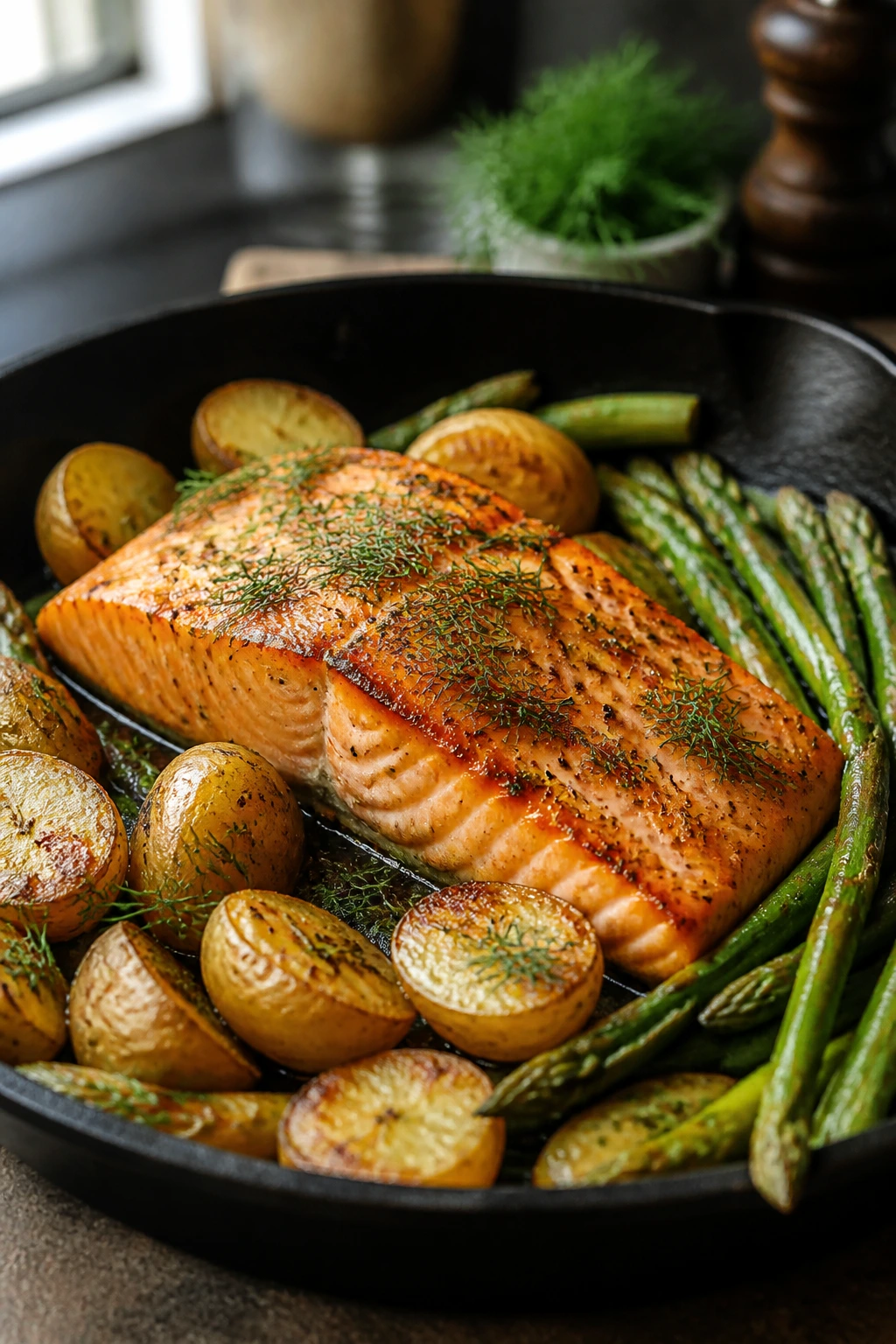 Close-up of salmon fillet with potatoes and asparagus in a skillet