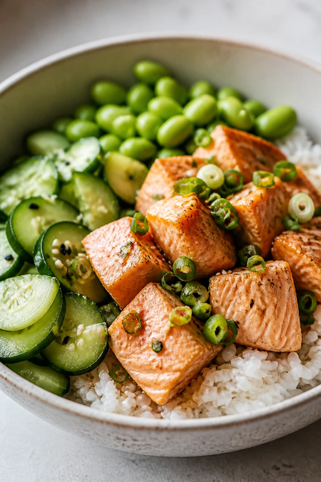 Close-up of salmon rice bowl with cucumber and edamame in a modern kitchen