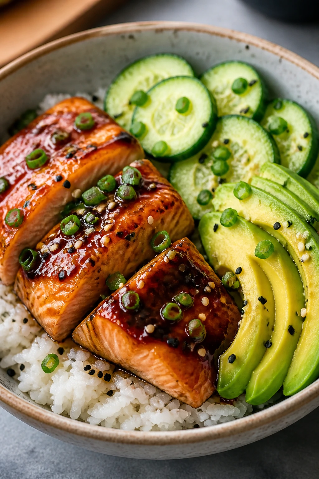 Salmon rice bowl with cucumber and avocado toppings.