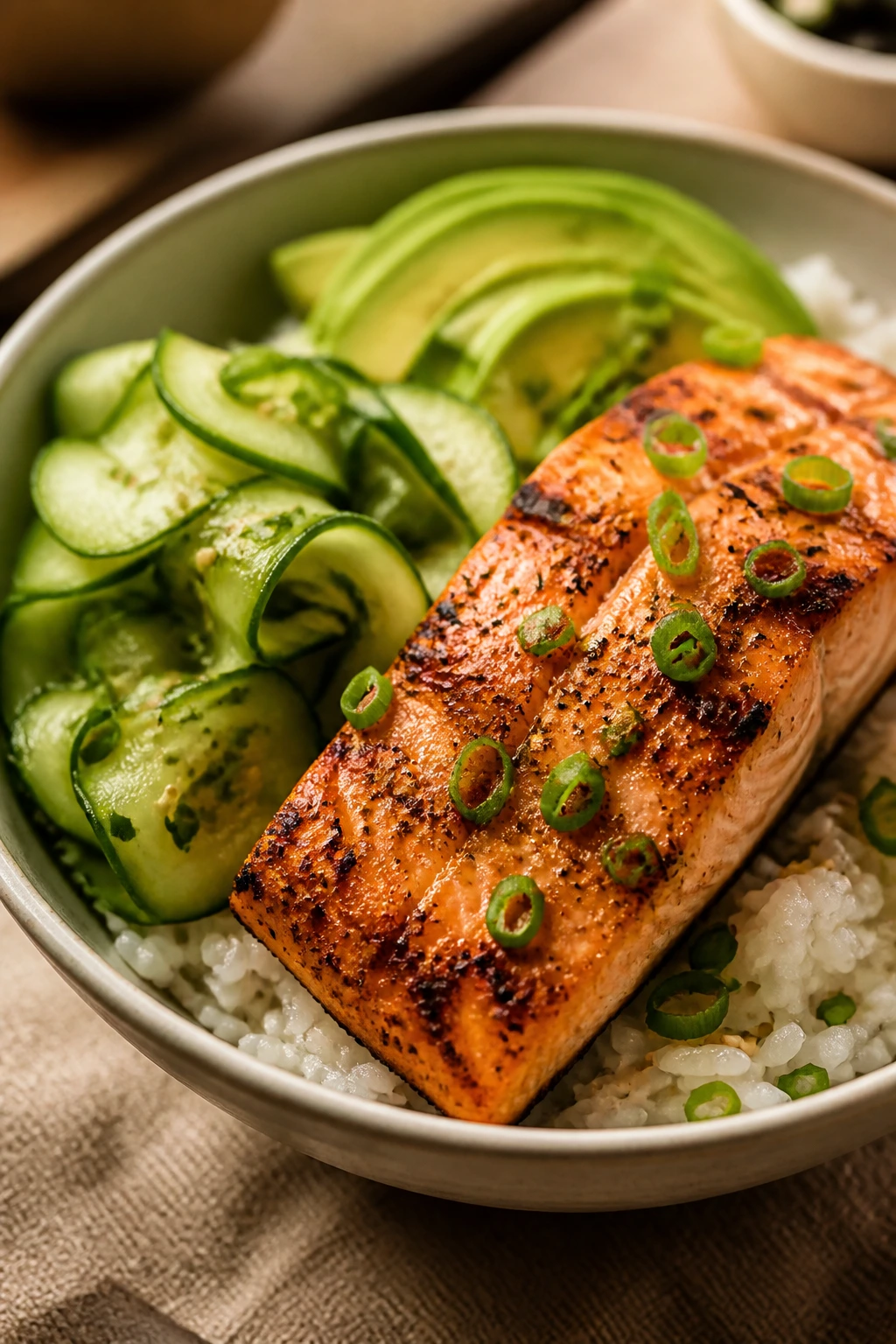 Close-up of salmon rice bowl with cucumber and avocado on a warm kitchen counter