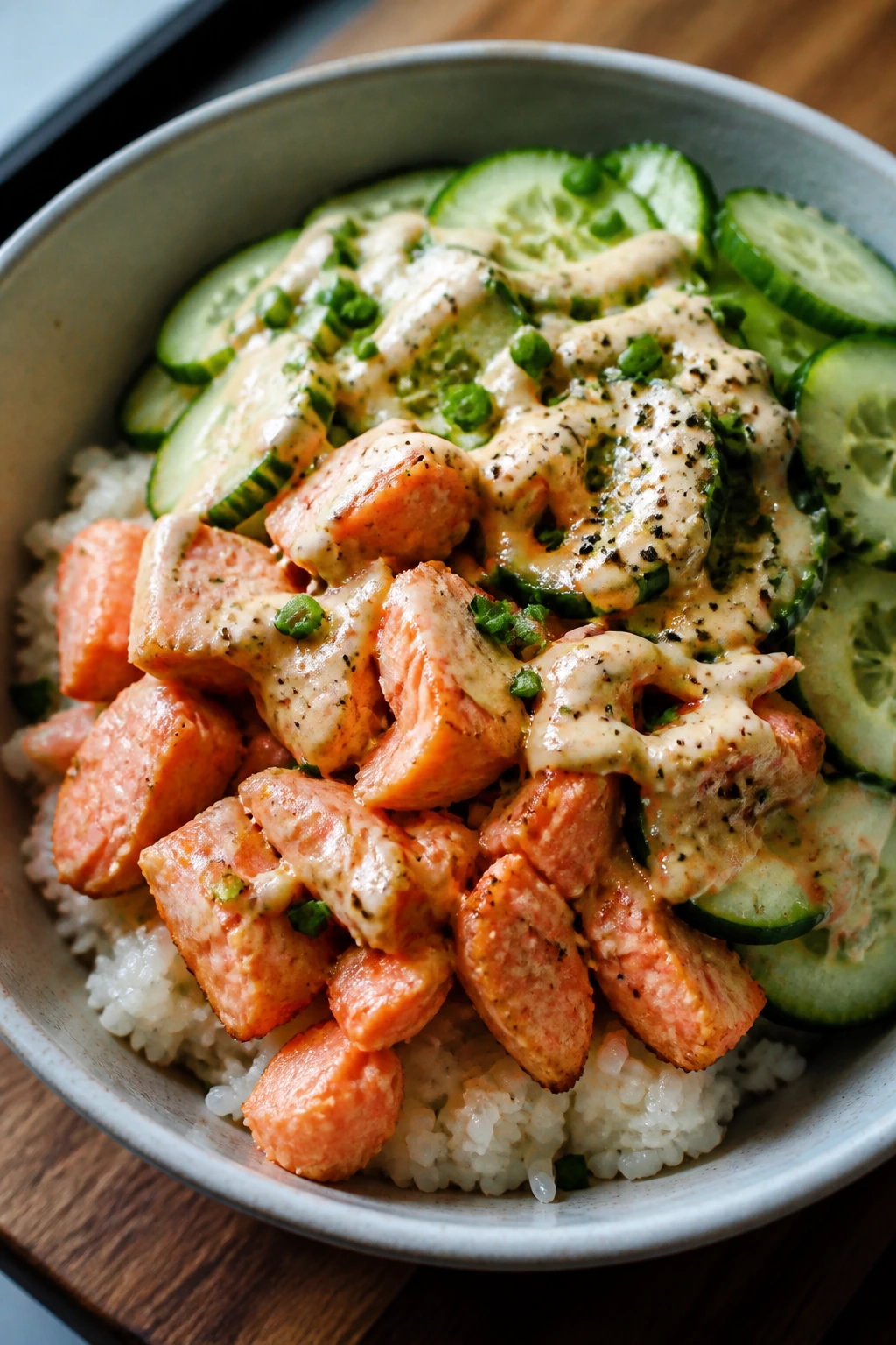 Close-up of salmon rice bowl with cucumber and mayo sauce