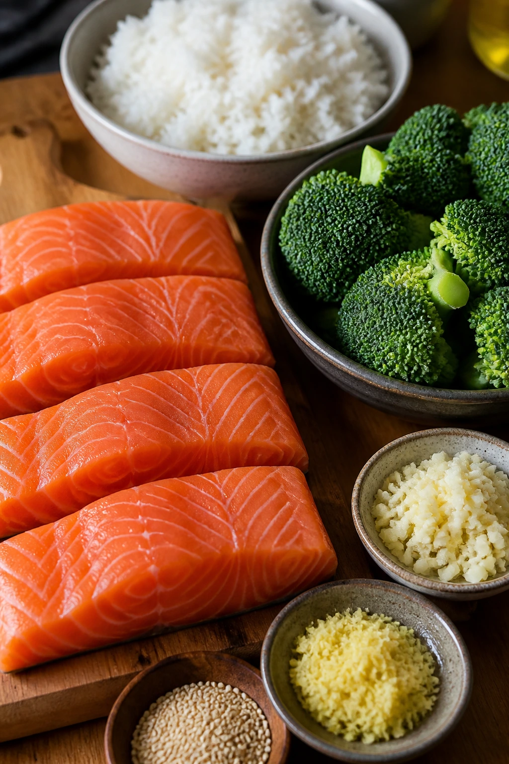 Key ingredients like salmon, broccoli, rice on a wooden board