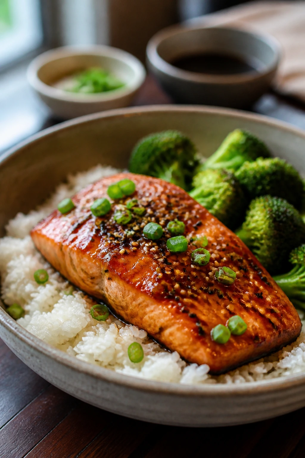 Close-up of glazed salmon on rice with broccoli