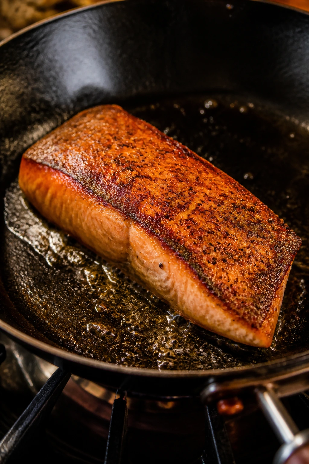 Salmon fillet with a golden crust cooking in a skillet