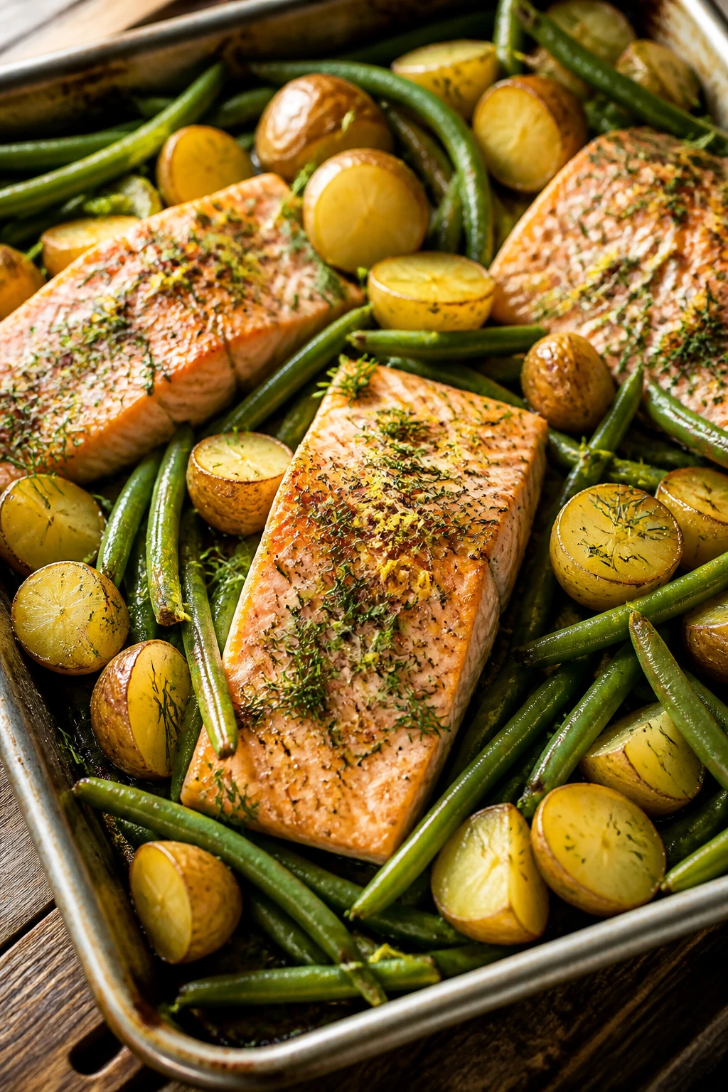Sheet-pan lemon herb salmon with potatoes and green beans