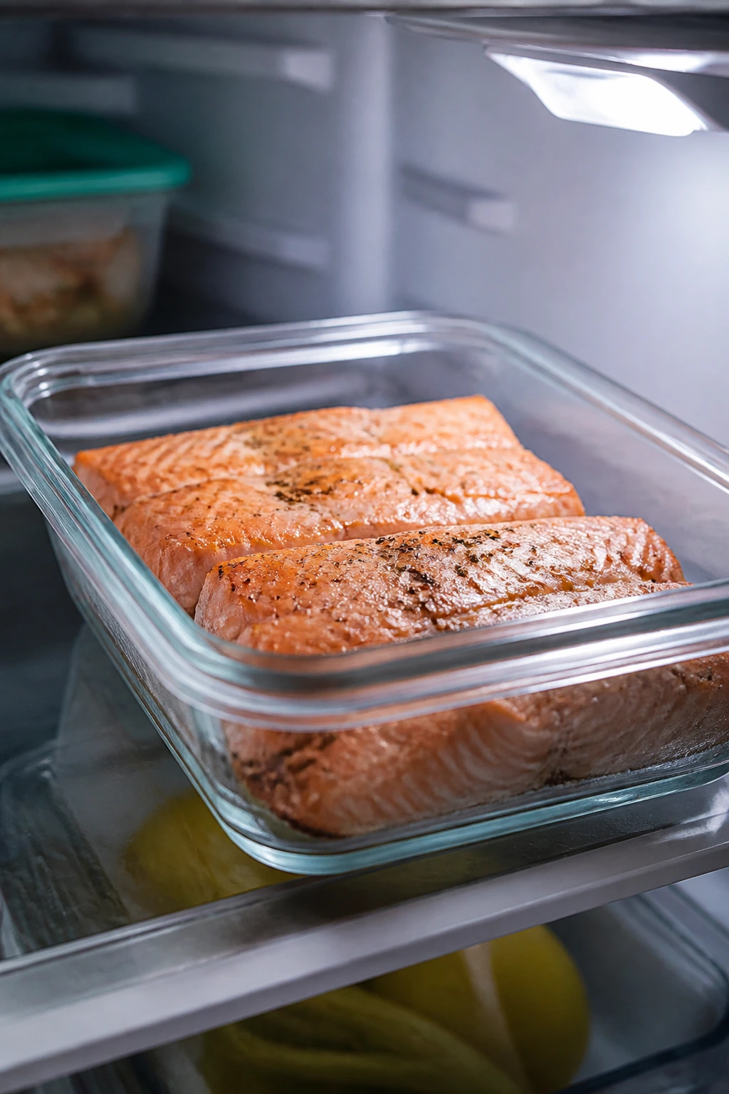 Cooked salmon in a shallow container in the refrigerator