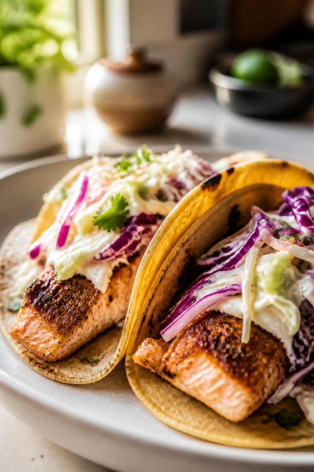 Two salmon tacos with cabbage slaw on a plate