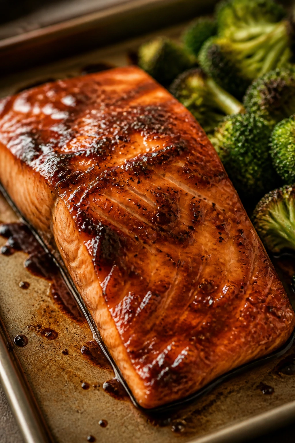 Glossy glazed salmon fillet on a sheet pan ready for weeknight dinner