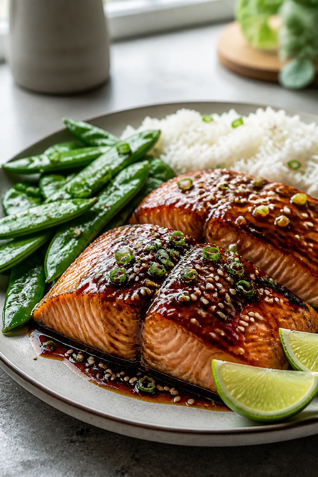 Teriyaki salmon with snap peas on plate