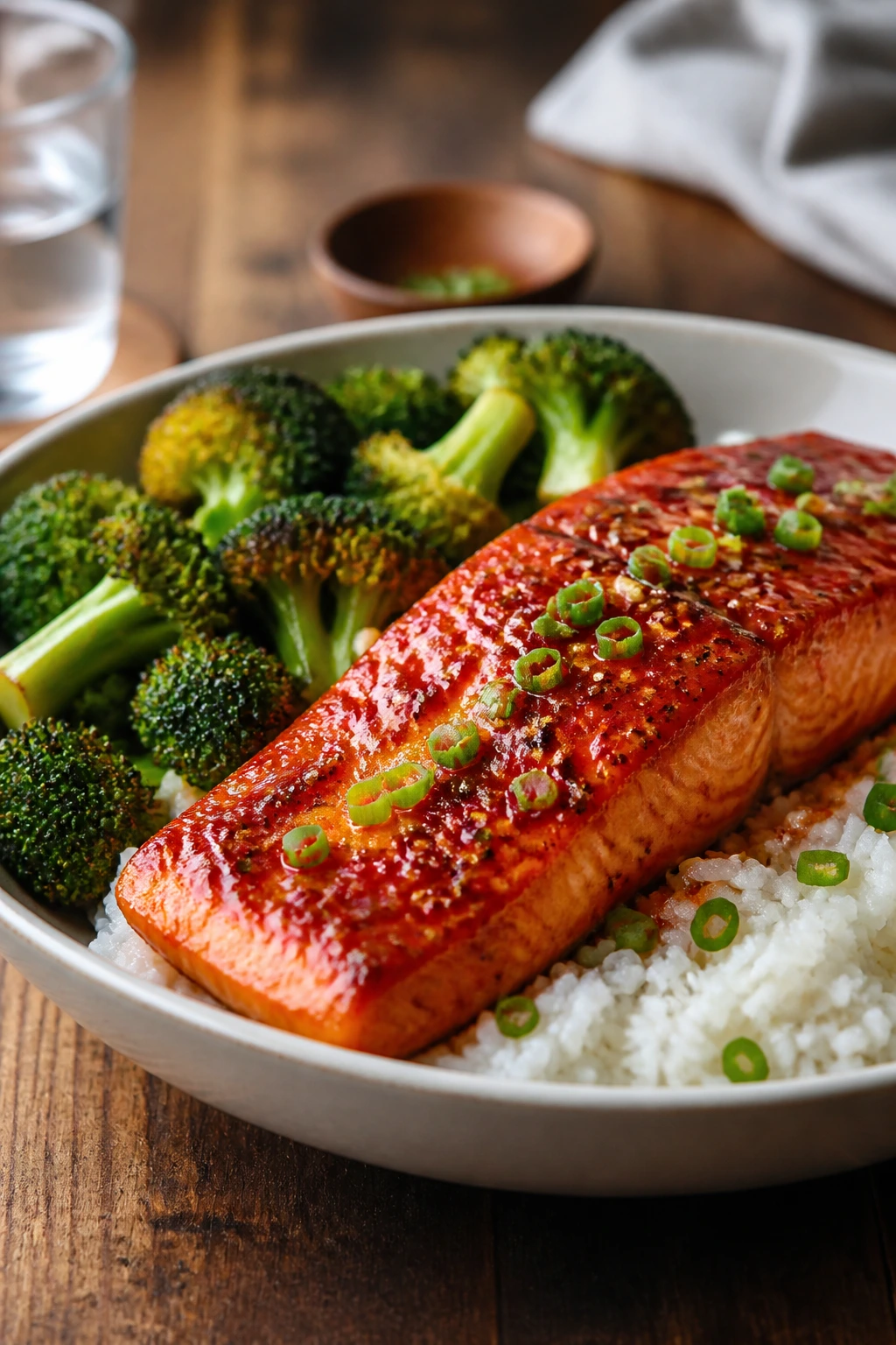 Plated salmon bowl with spicy glaze, rice and broccoli