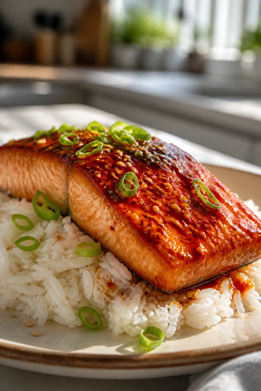Salmon with spicy glaze over rice in modern kitchen