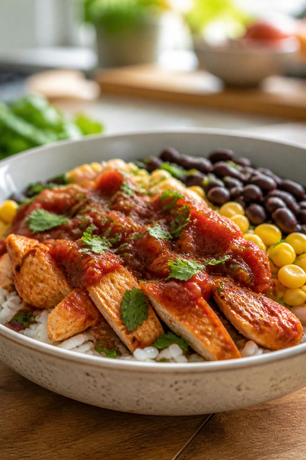 Bowl of salsa chicken with rice, beans, corn, and salsa