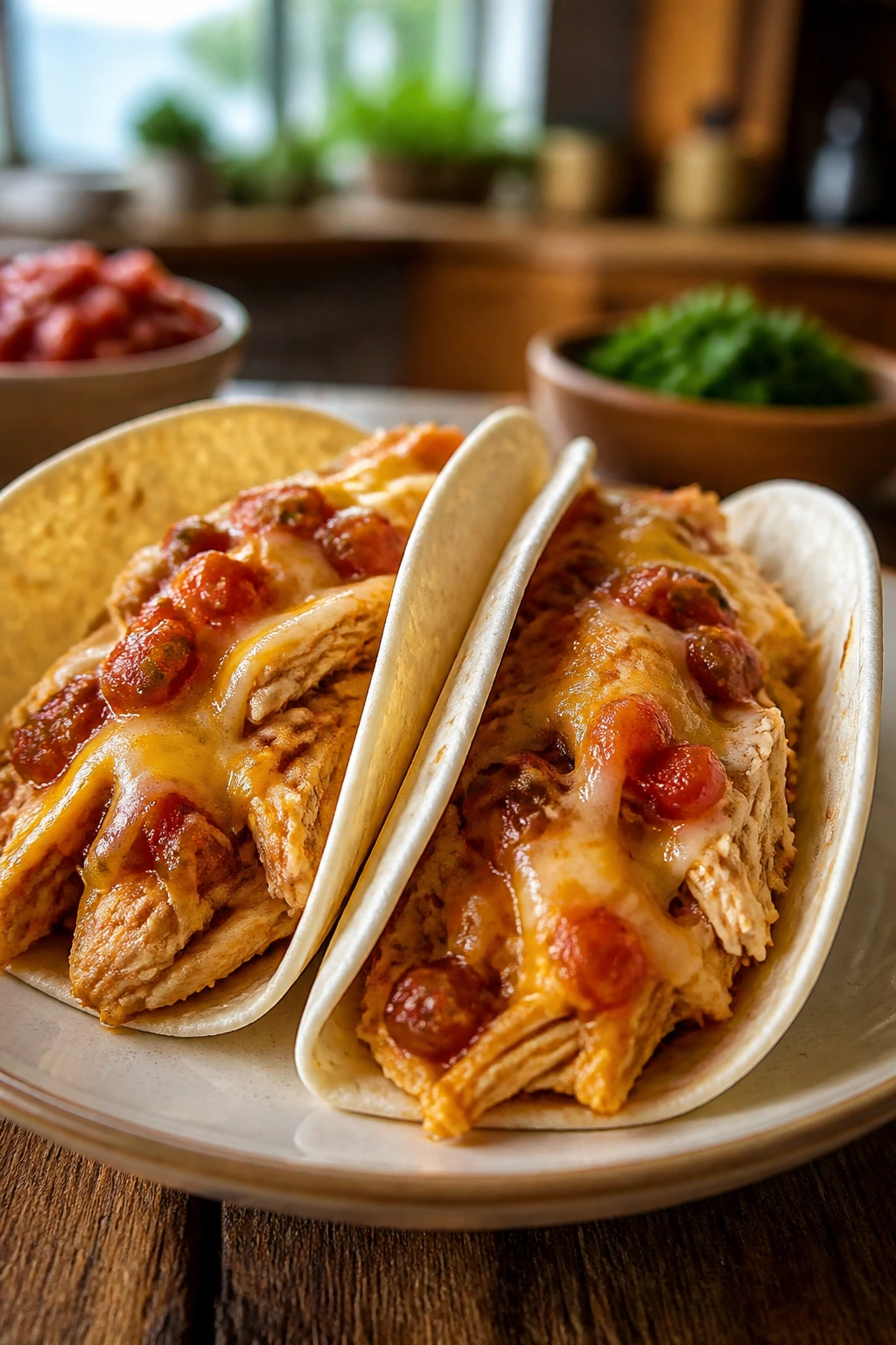 Close-up of salsa chicken tacos on a plate with shredded chicken and cheddar