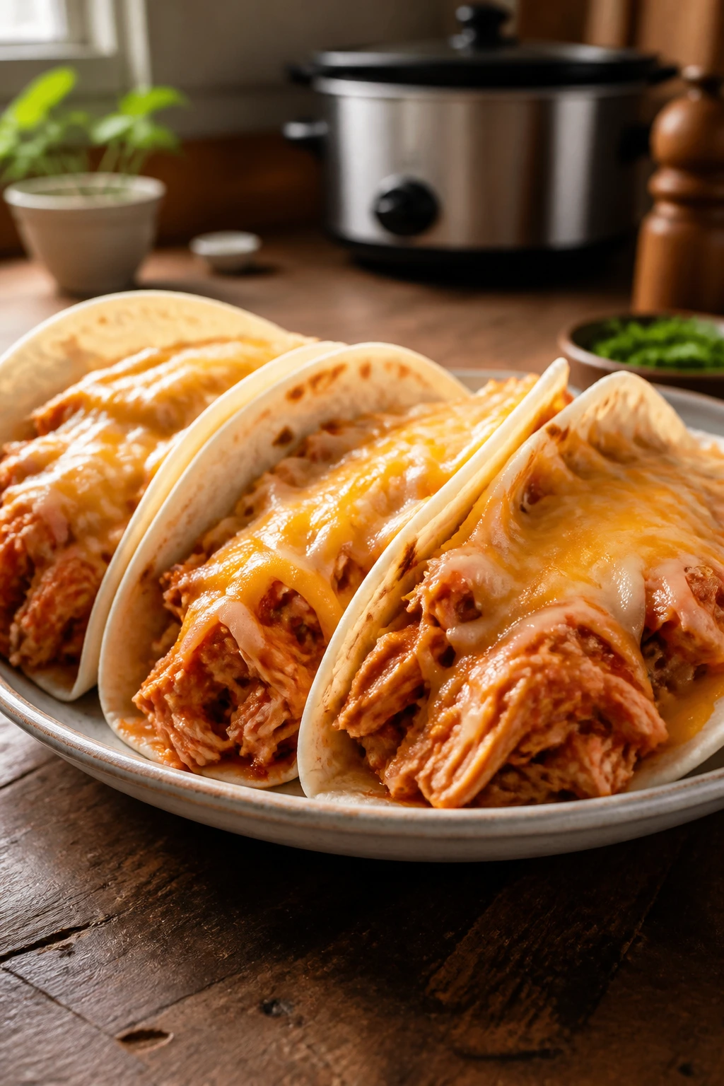 Plate of salsa chicken tacos in tortillas with cheese