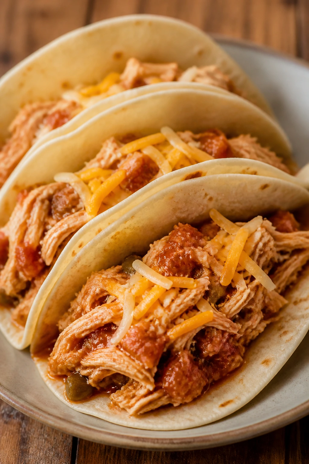 Plate of soft tortillas with shredded salsa chicken and cheese