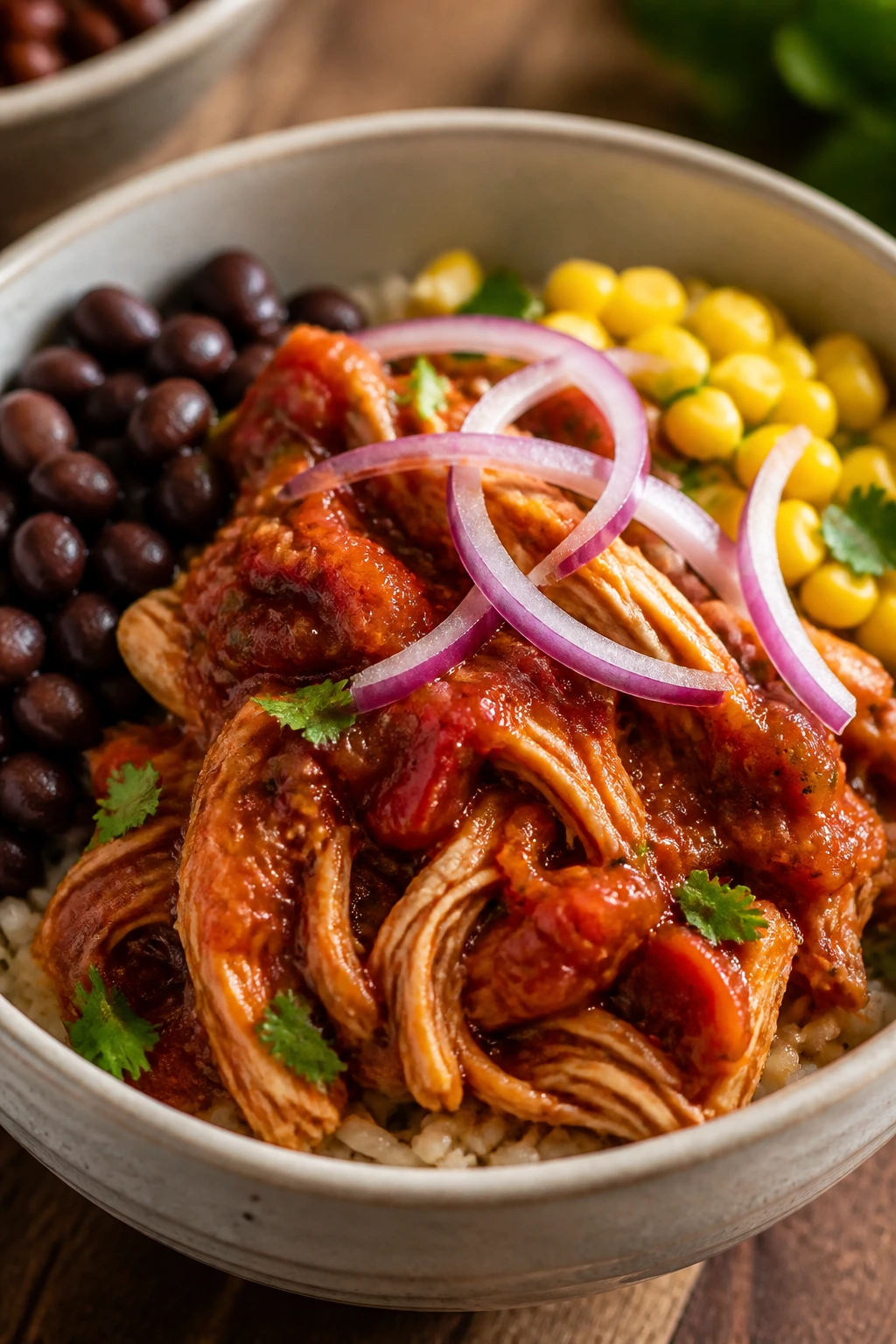 Close-up of salsa shredded chicken bowls with beans and corn on a rustic counter