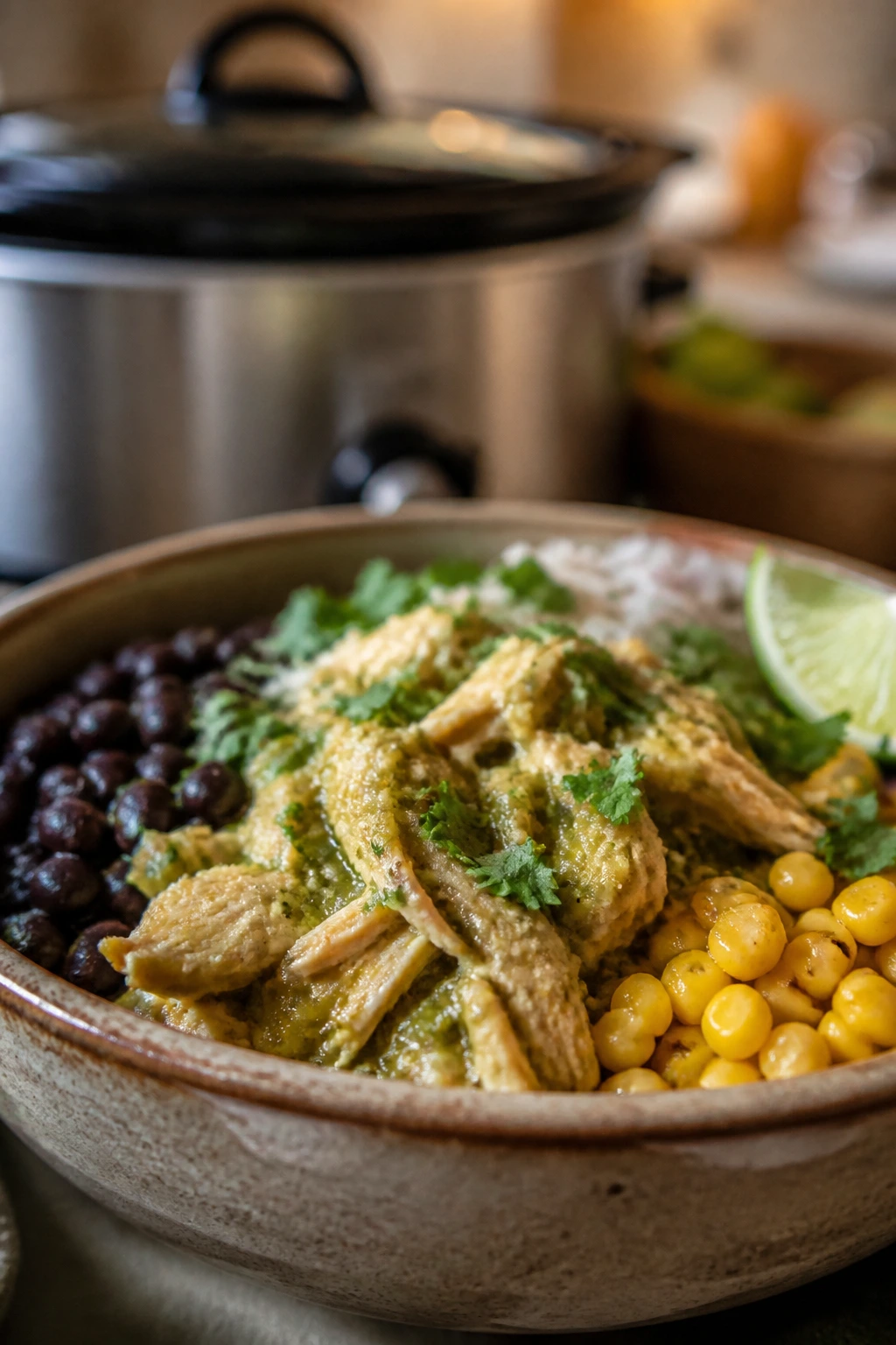 Close-up of Slow-Cooker Salsa Verde Chicken Bowls with shredded chicken and beans