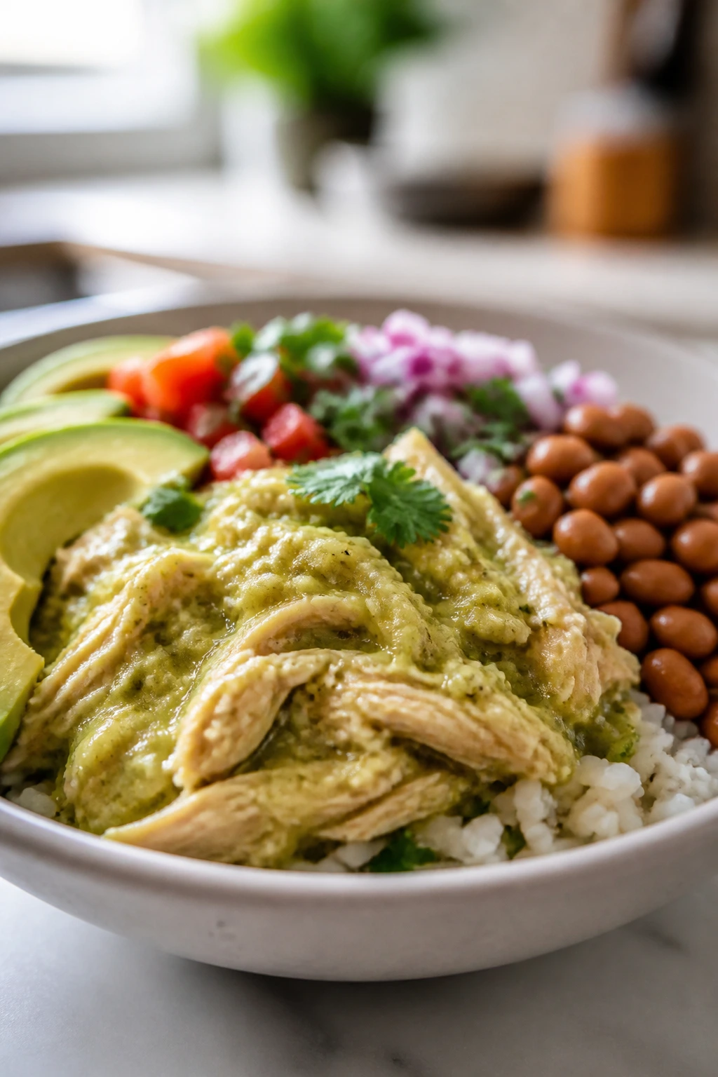 Salsa Verde chicken burrito bowls with greens