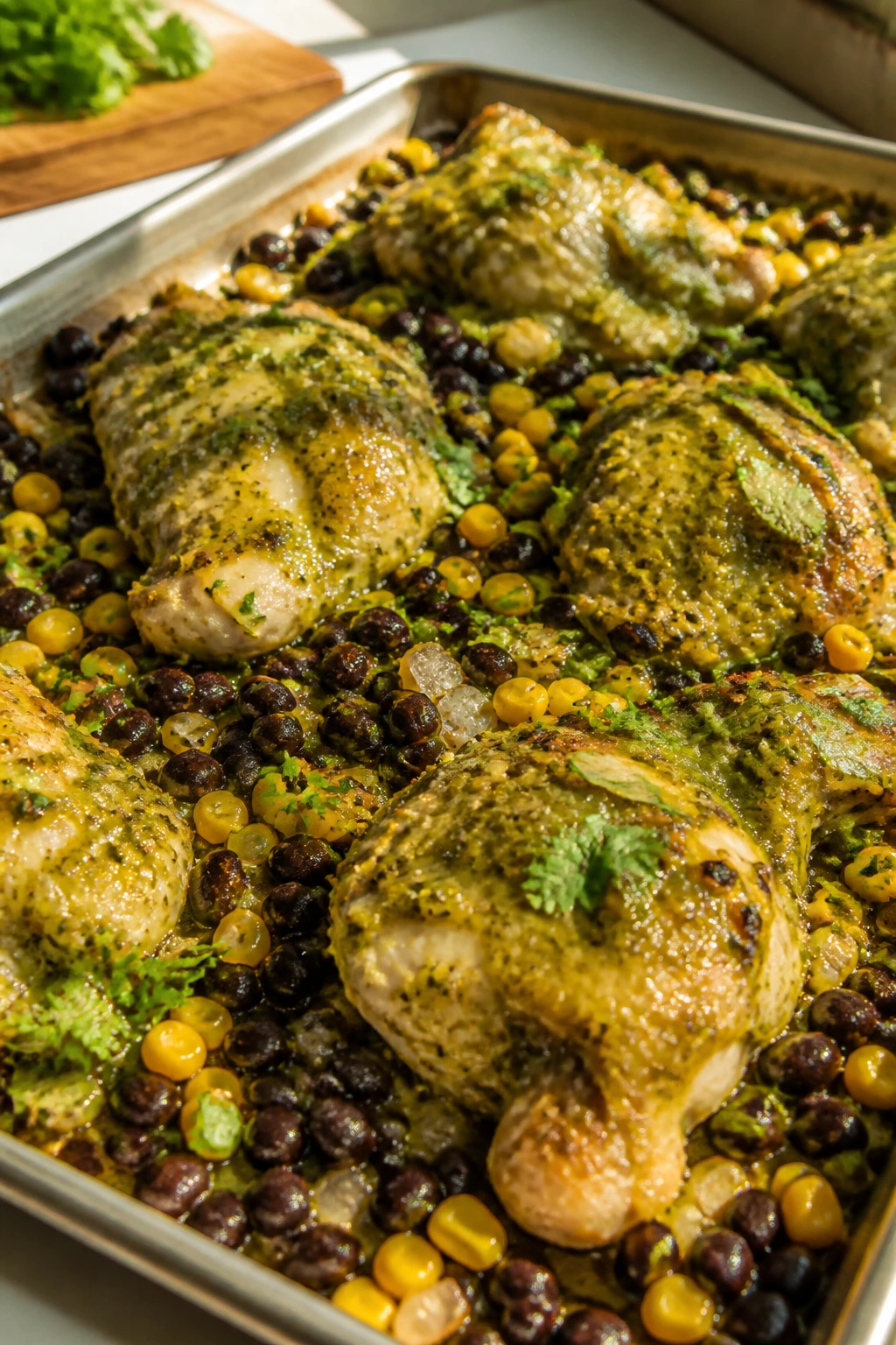 Close-up of Salsa Verde Chicken with Corn and Black Beans on a sheet-pan roast in a sunny kitchen.