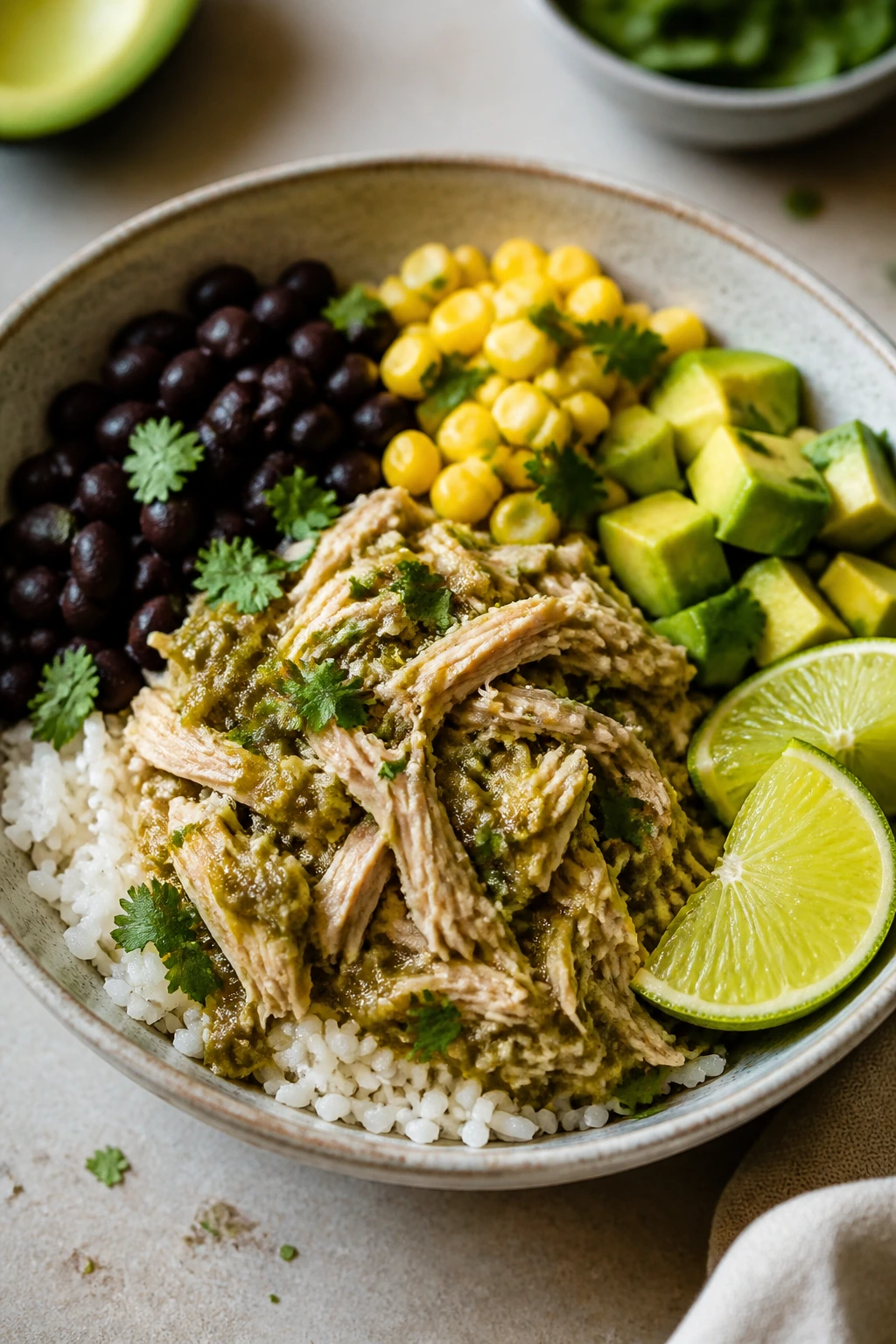 Bowl of salsa verde chicken rice with beans, corn, avocado, and lime