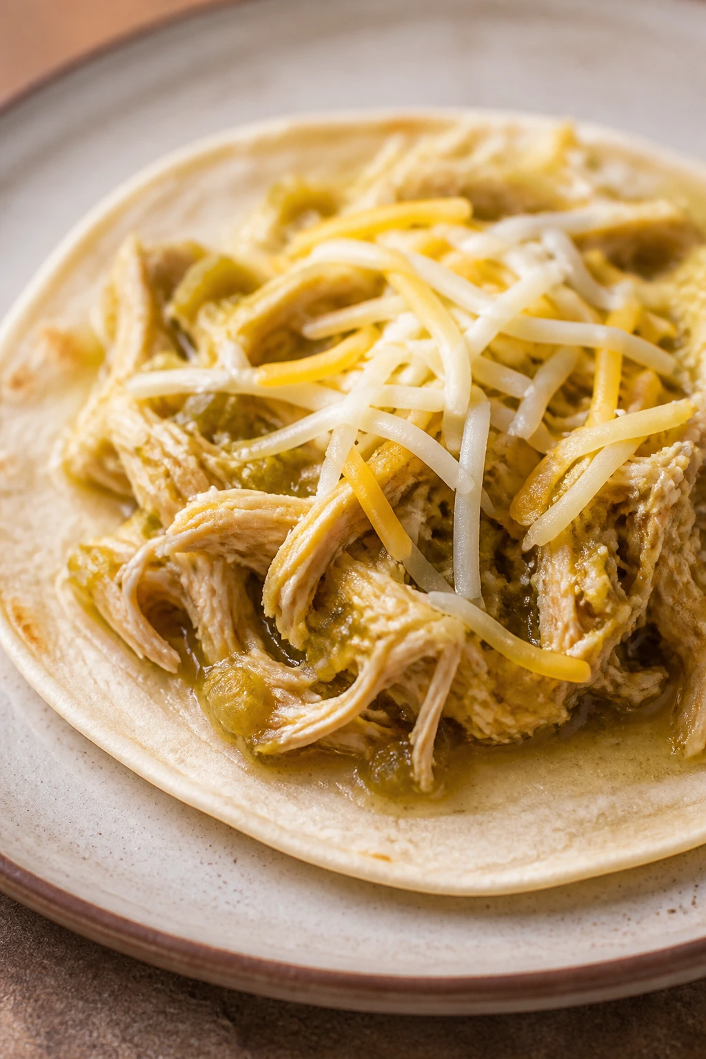 Close-up of a salsa verde chicken taco on a plate