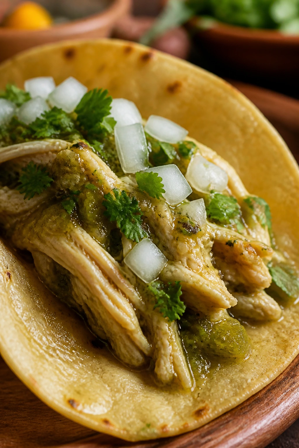 Single taco with shredded chicken in salsa verde on a tortilla
