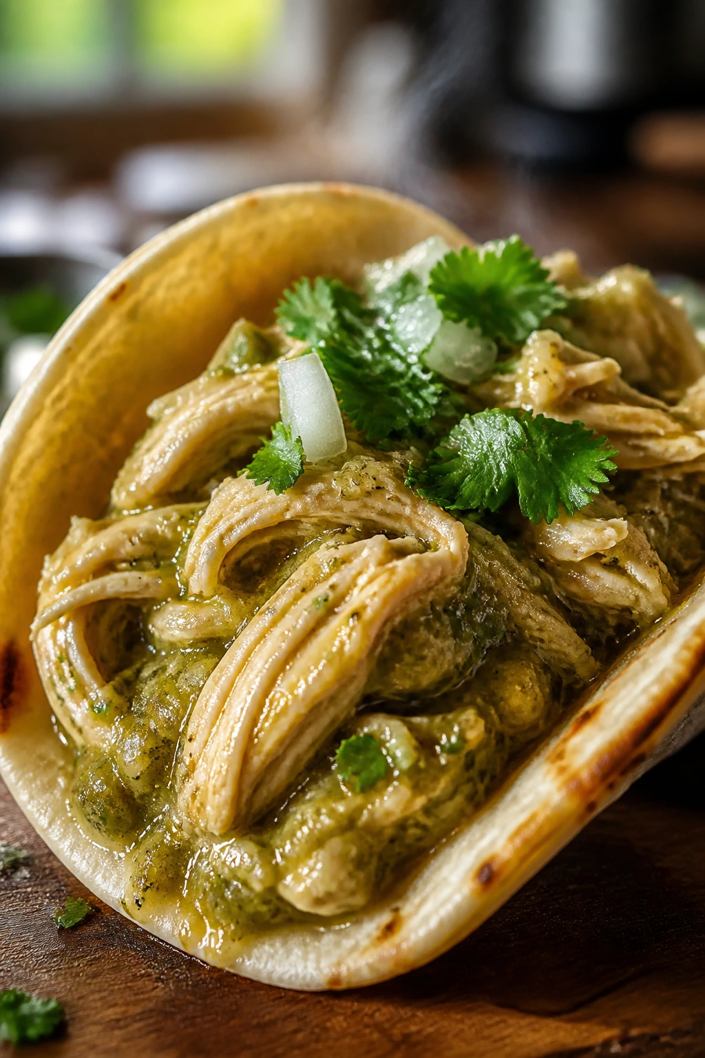 Close-up of salsa verde chicken tacos on a rustic wooden board