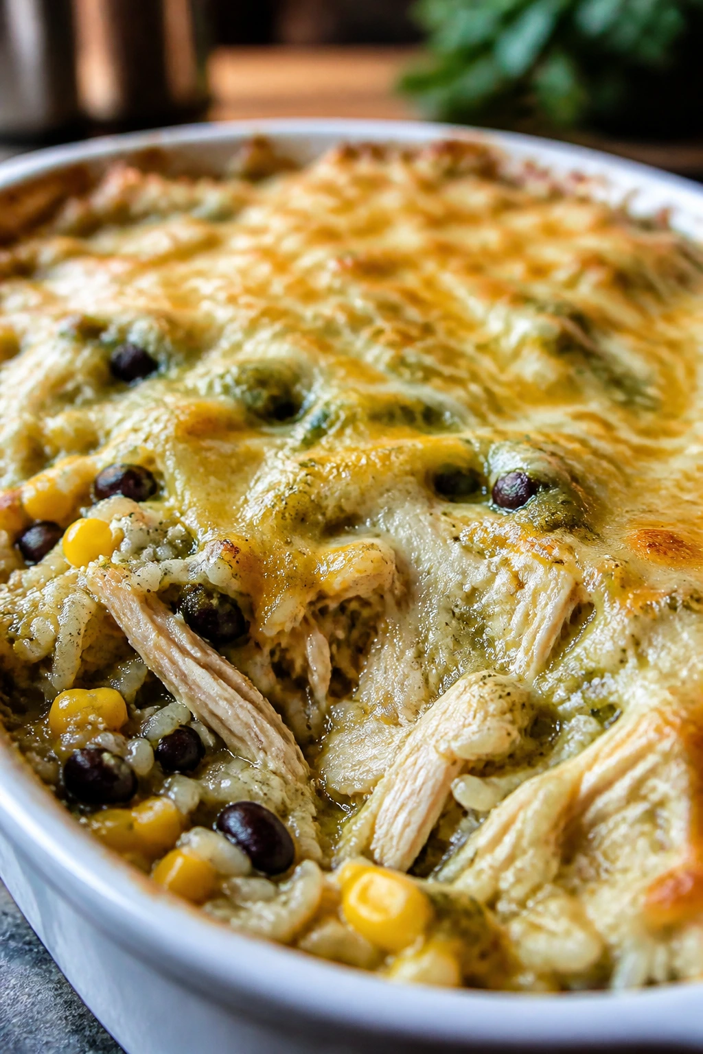 Salsa verde chicken enchilada rice bake in baking dish