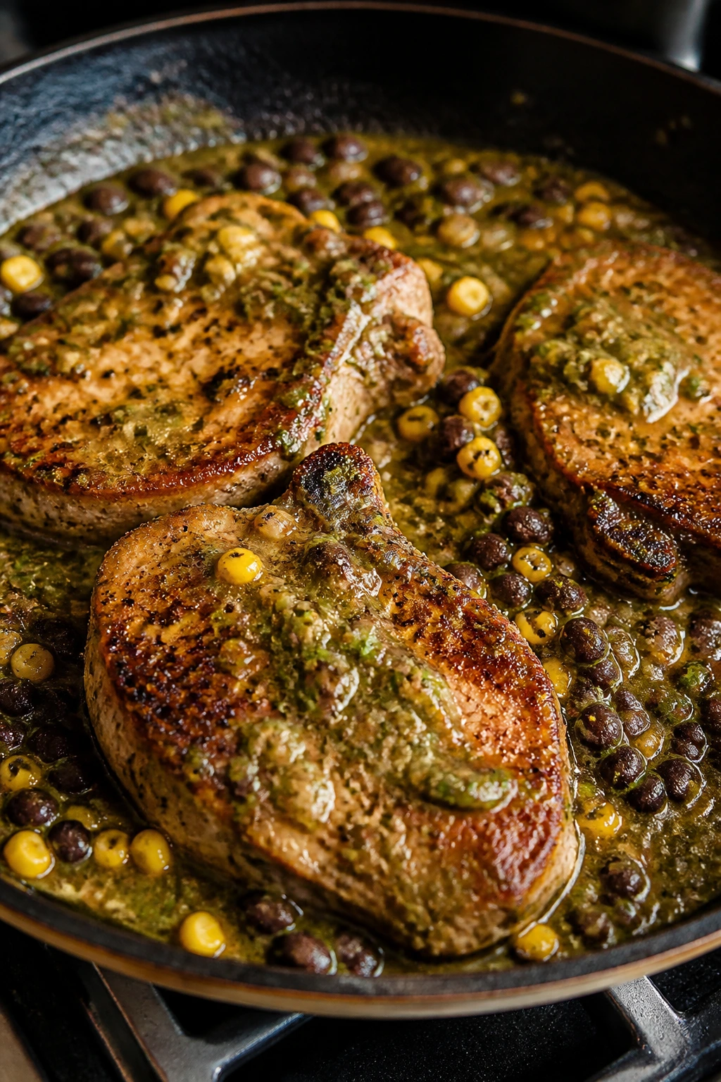 Pork chops with salsa verde in a skillet with black beans and corn