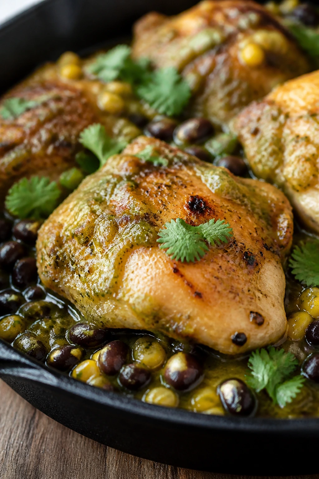 Close-up of juicy chicken thigh in salsa verde with beans and corn in a skillet