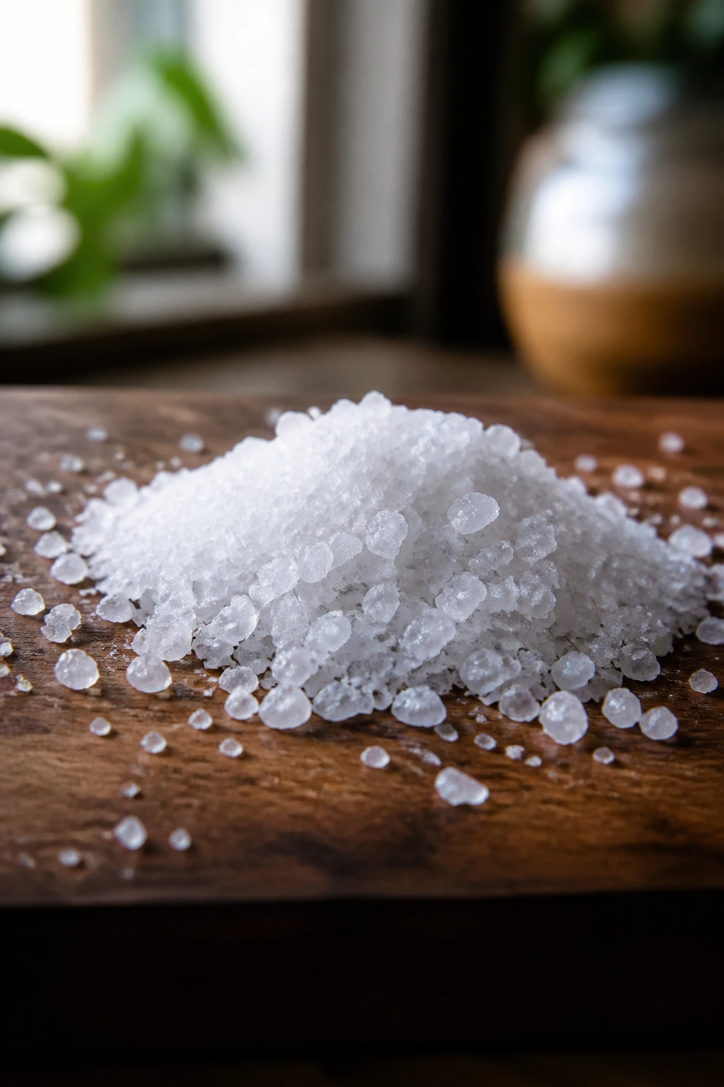 Coarse salt crystals on a wooden surface