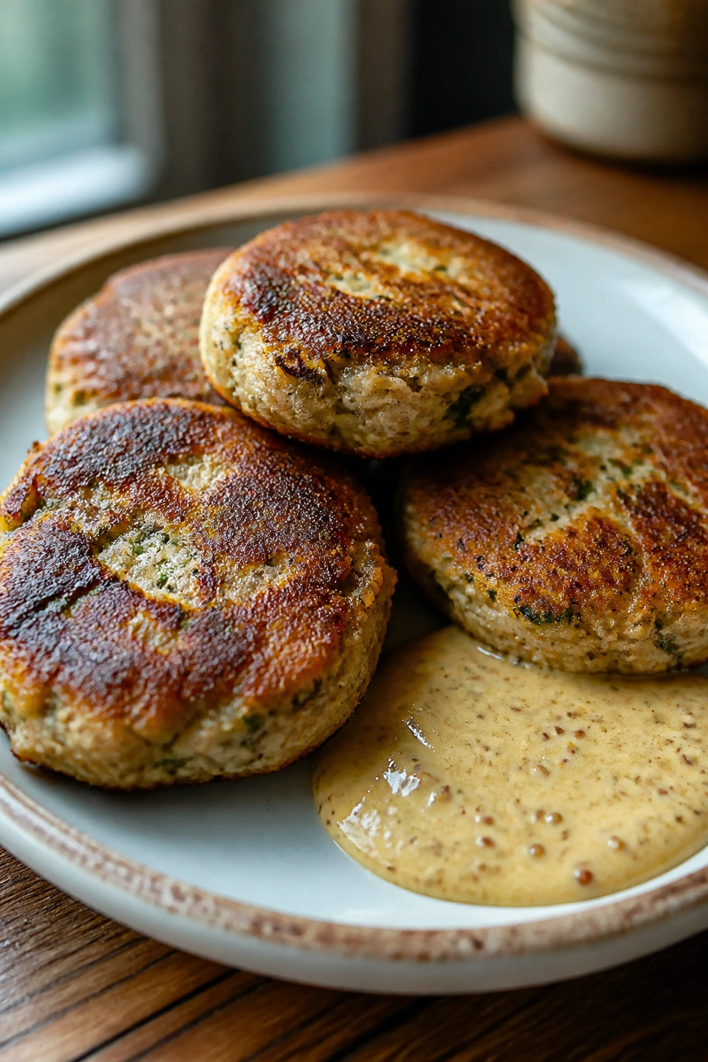 Close-up of Sardine Potato Cakes with Mustard Pan Sauce on a plate