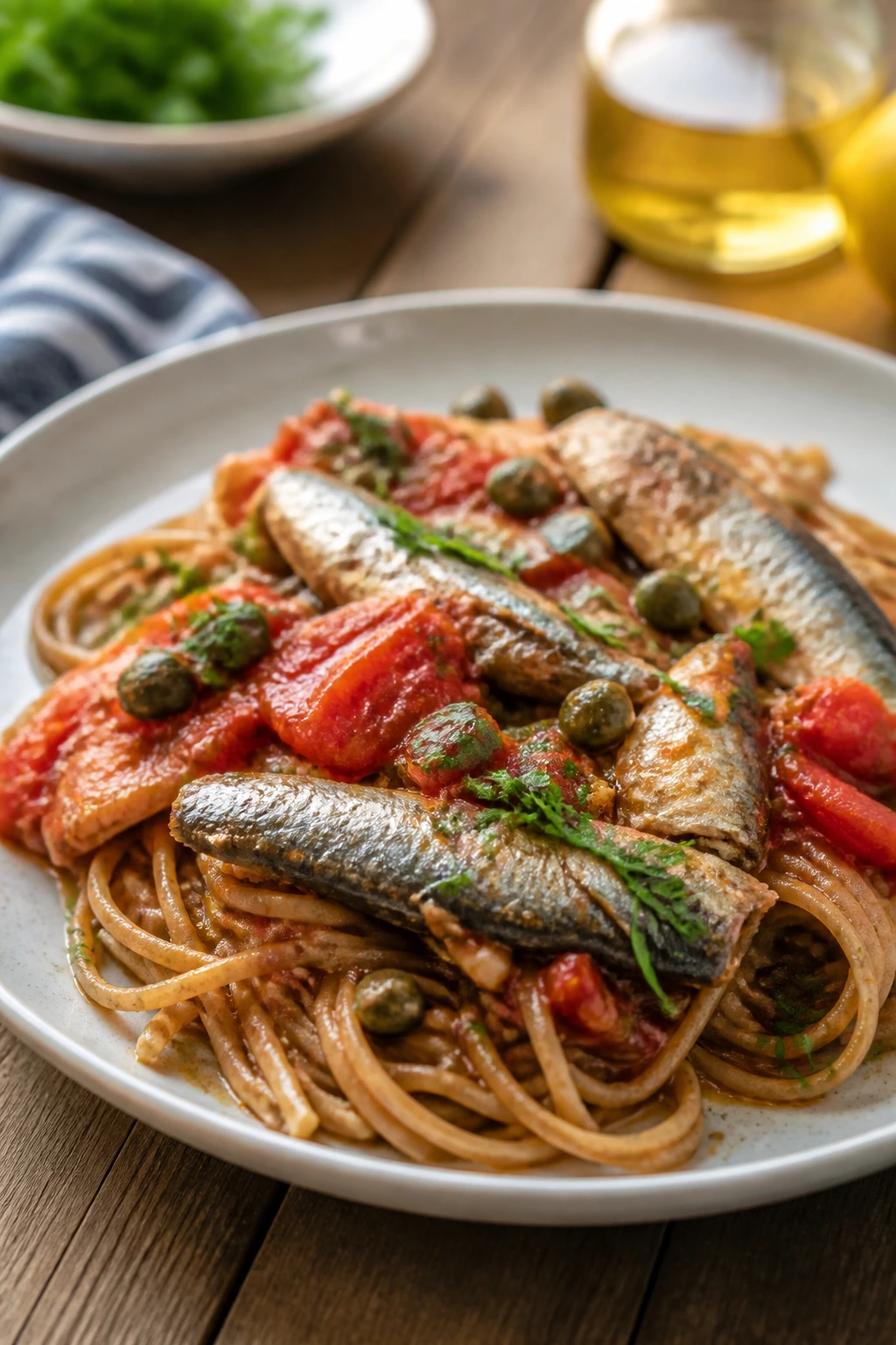 Pasta dish with sardines, tomato sauce and whole-wheat pasta on a bright table